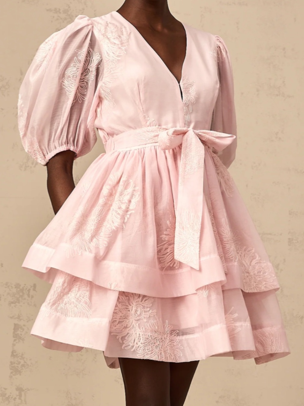 Light Pink Embroidered Puff-Sleeve Tiered Dress, M - Picture 6 of 10